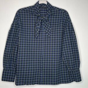 Zara Button Up Puff Sleeve Tie Neck Plaid Blouse Sz Sm